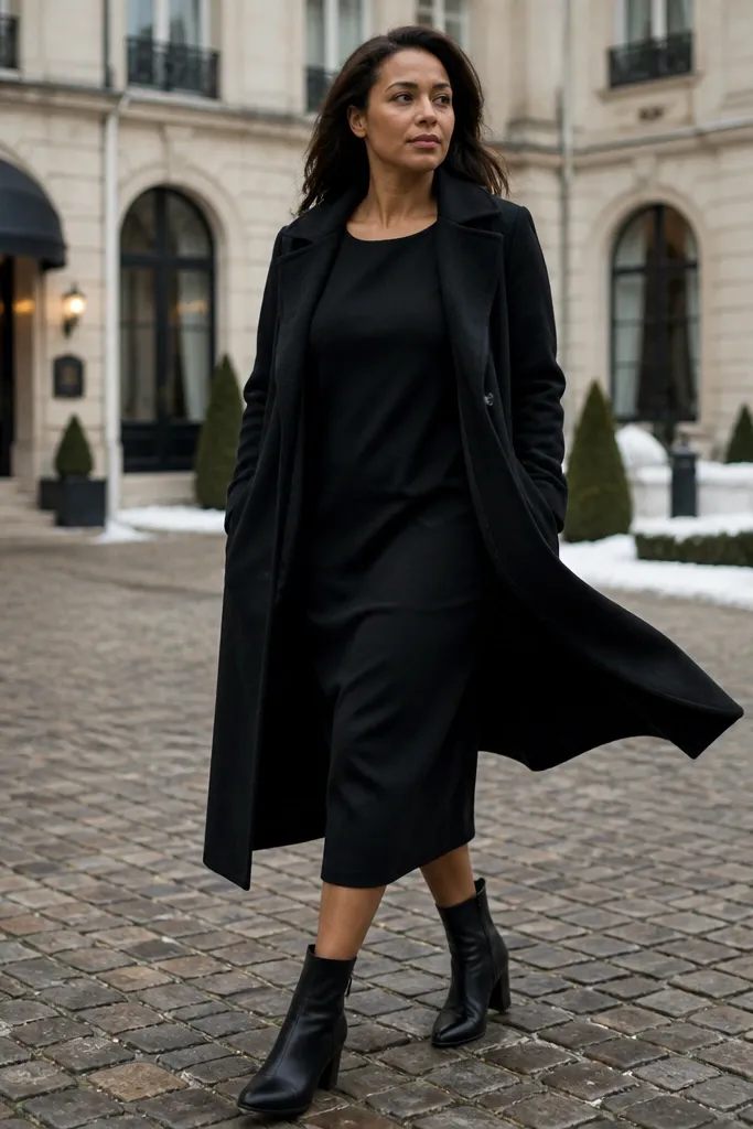Black midi dress with opaque black tights and black ankle boots