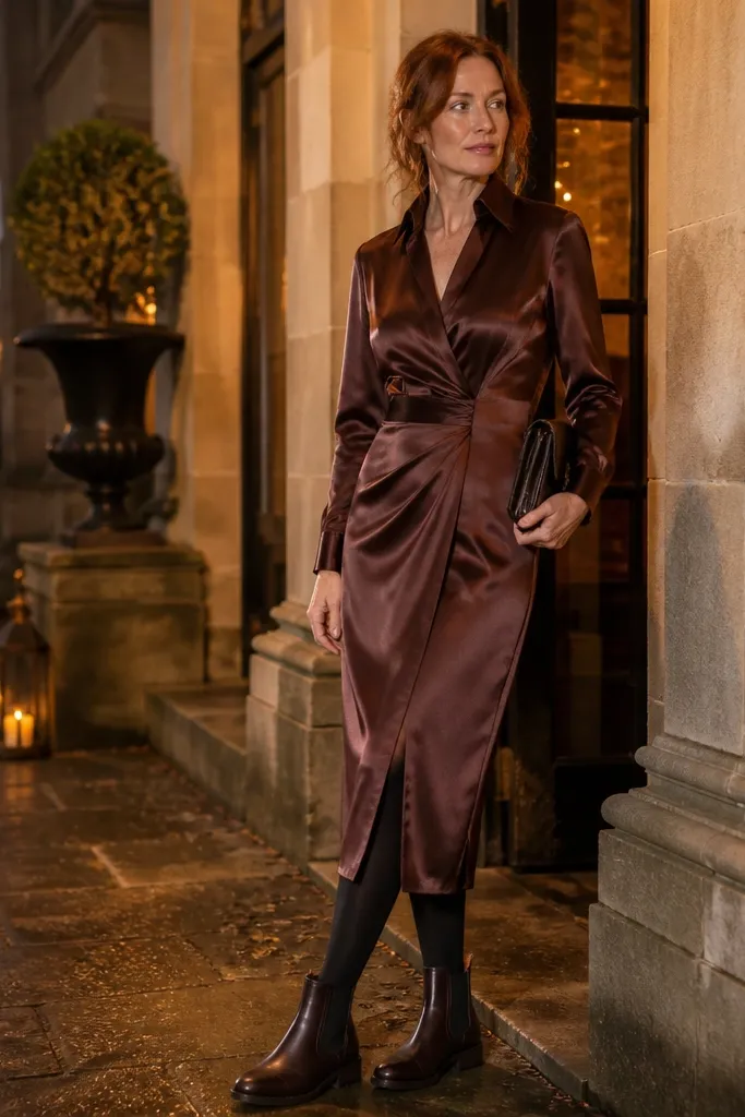 Chocolate satin-backed dress with espresso Chelsea boots and tights
