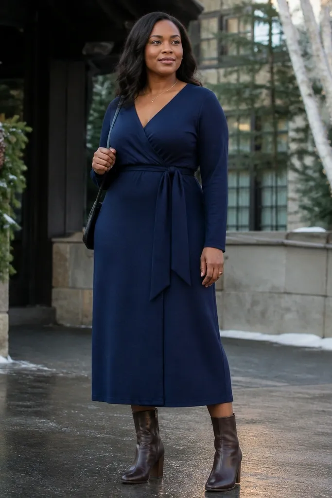 Navy wrap midi dress with dark brown block-heel boots and tights