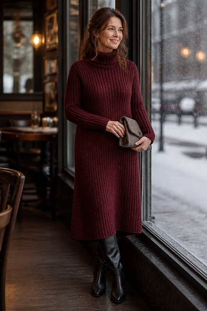 Burgundy knit midi dress with black knee-high boots and tights