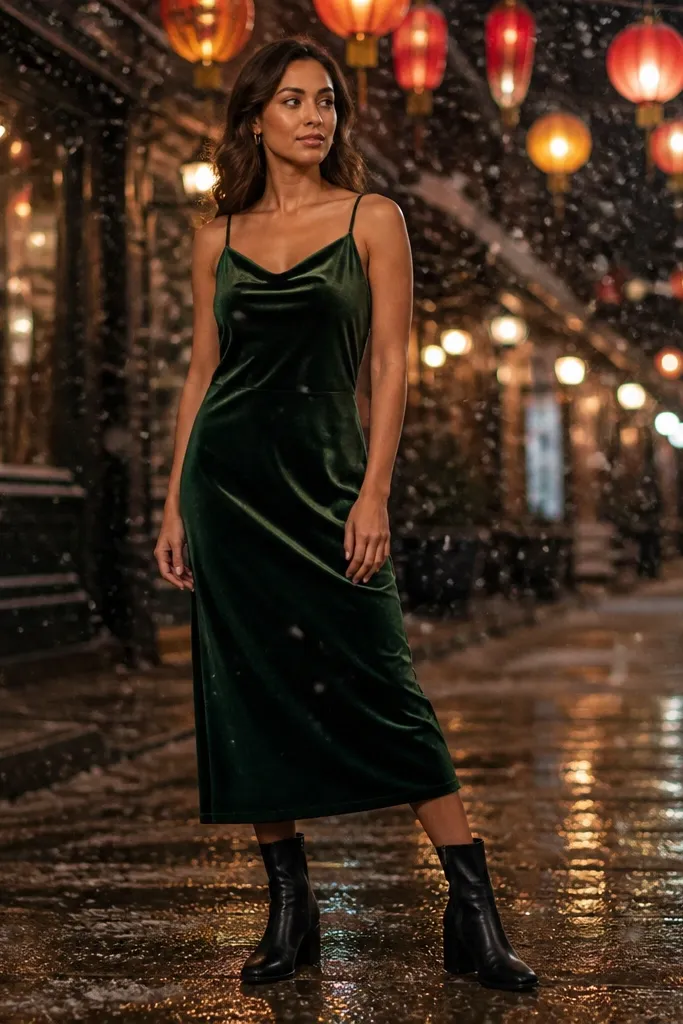 Forest green velvet slip midi with black ankle boots and opaque tights