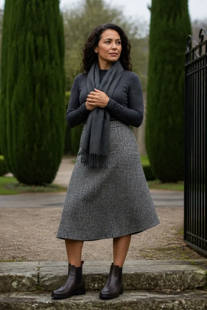 Grey tweed A-line skirt with long-sleeve bodysuit and Chelsea boots