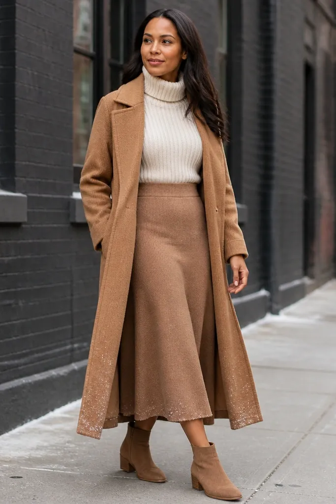 Camel midi dress with cream turtleneck and tan ankle boots