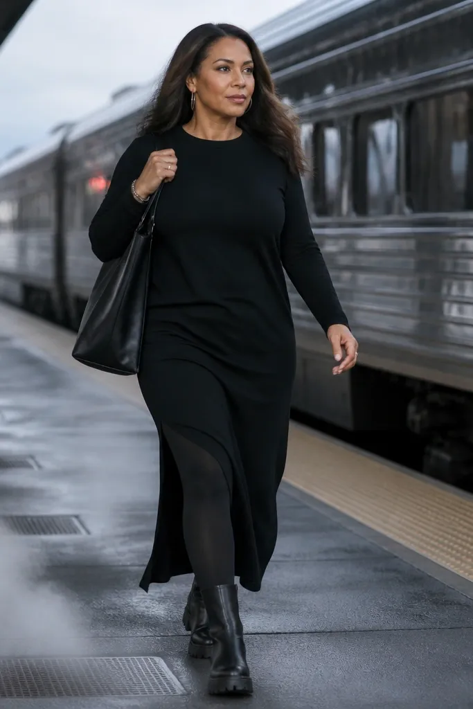 Black maxi dress with side slit and lug-sole ankle boots