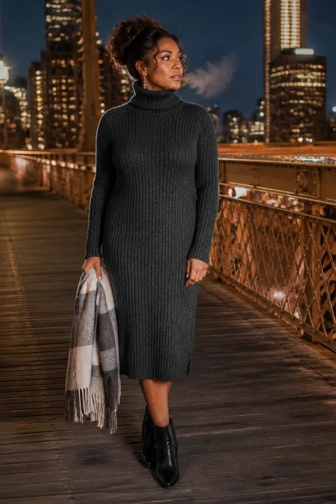 Charcoal sweater dress with turtleneck and black ankle boots