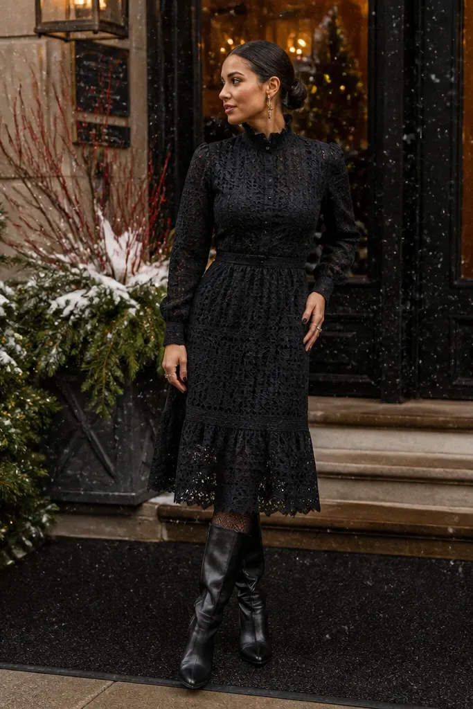Black lined eyelet midi dress with sheer tights and knee-high boots