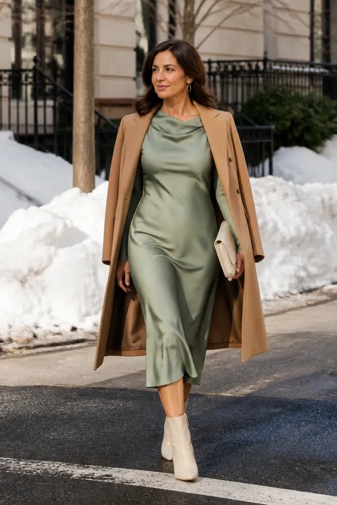 Sage satin midi dress with cream ankle boots and tights