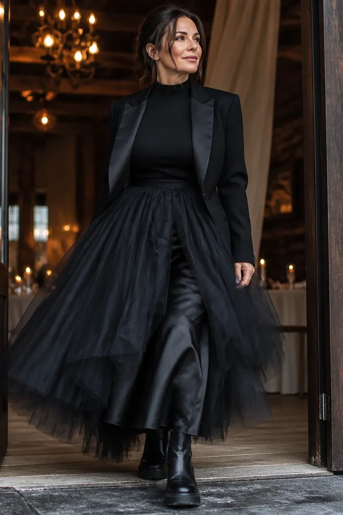Black tulle skirt over slip with black ankle boots and tights
