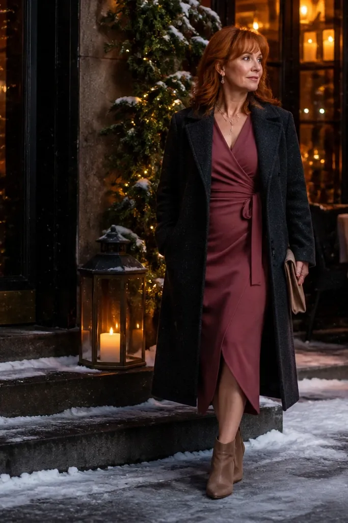 Rosewood wrap midi dress with taupe suede ankle boots and tights