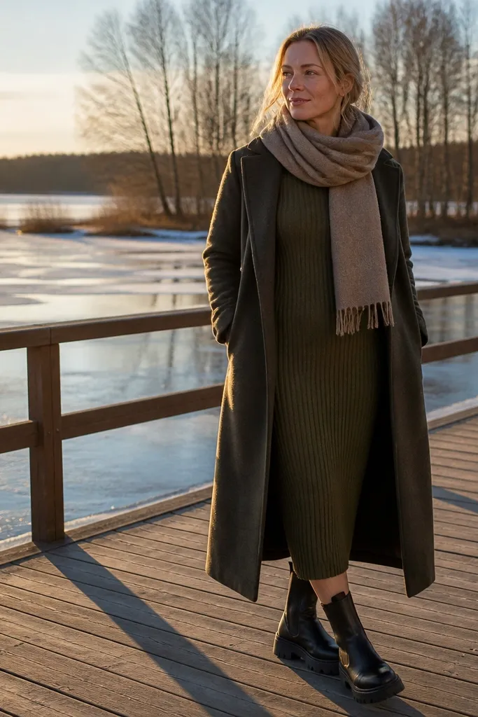 Olive ribbed knit midi dress with black lug-sole boots and tights