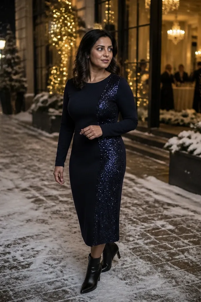 Midnight blue sequin panel midi dress with black ankle boots