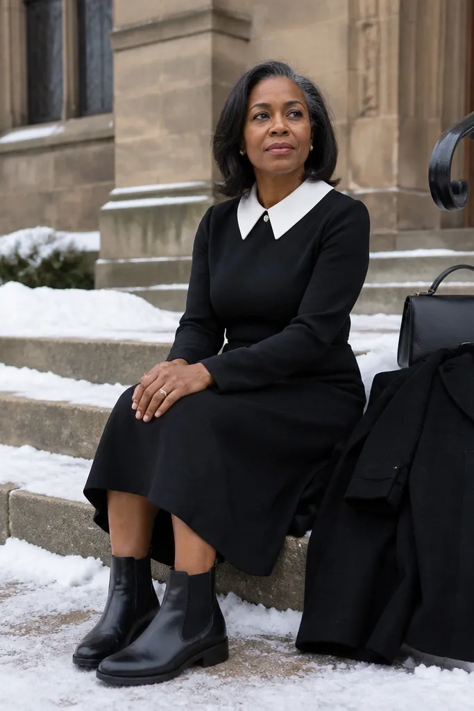 Black midi dress with white collar and Chelsea boots