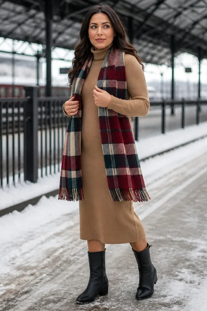 Camel turtleneck dress with black mid-calf boots and plaid scarf