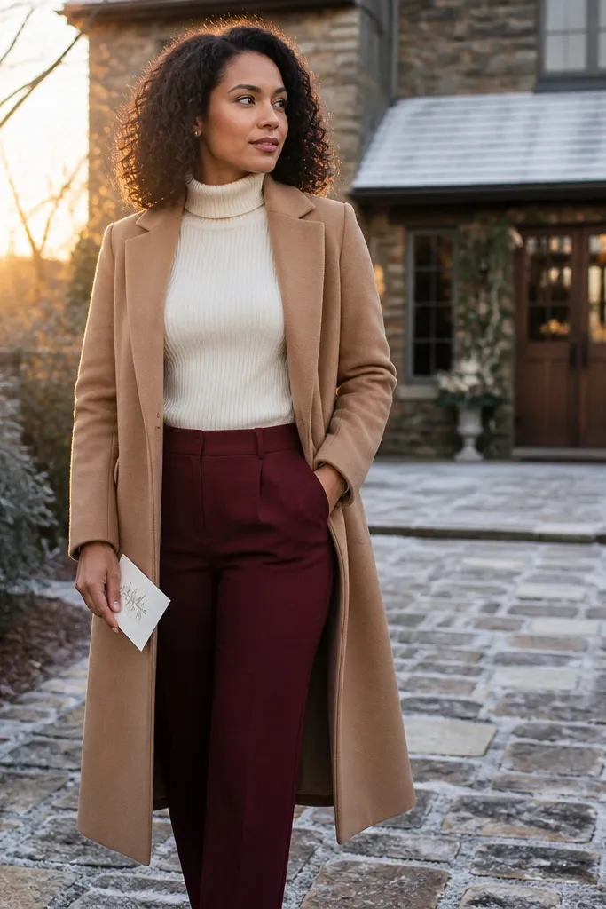 Oxblood trousers with a cream turtleneck and oxblood boots under a long camel coat