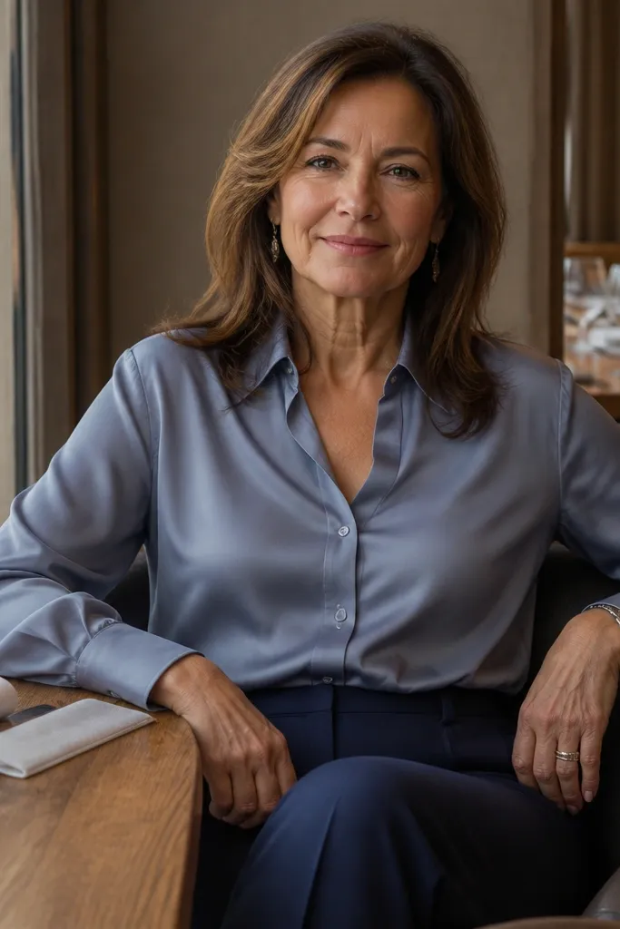 Navy tailored trousers with a silver-gray blouse and navy heeled boots