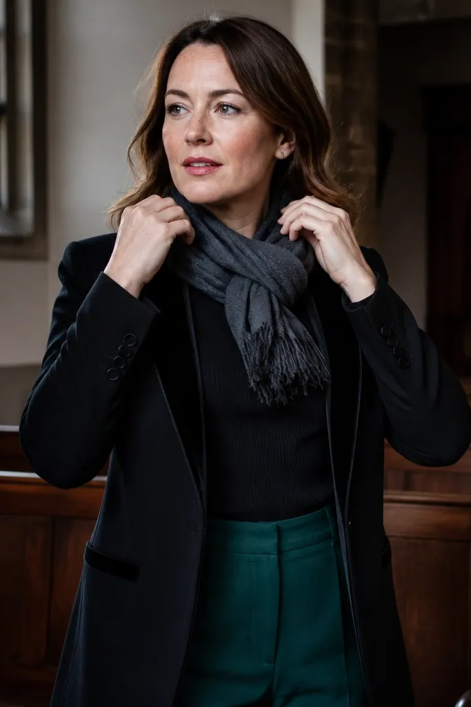 Emerald crepe pants with a black blazer and velvet-trim lapels