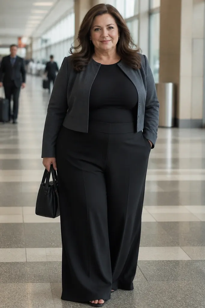 Black wide-leg trousers with a cropped jacket and pointed-toe ankle boots