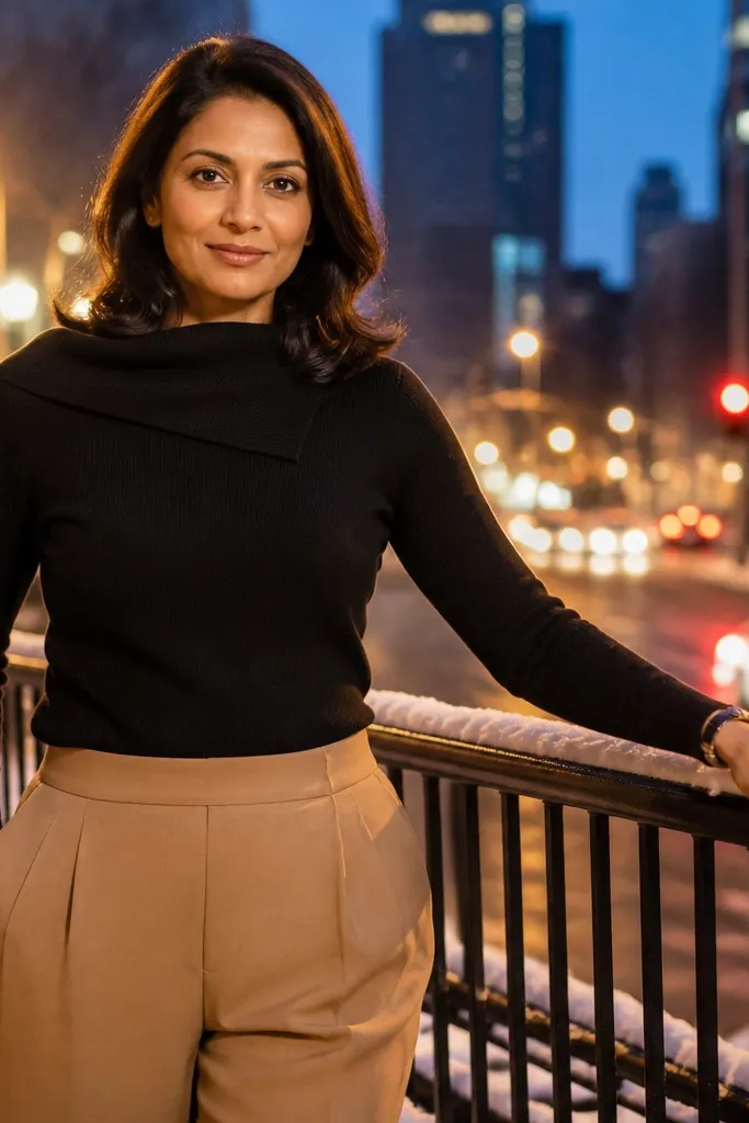 Camel trousers with a black dressy sweater top and black knee-high boots