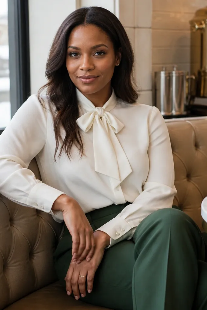 Deep green trousers with an ivory blouse and black heeled booties