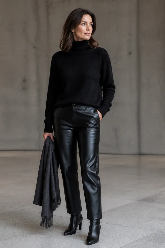Black leather-look pants with a black cashmere turtleneck and black boots
