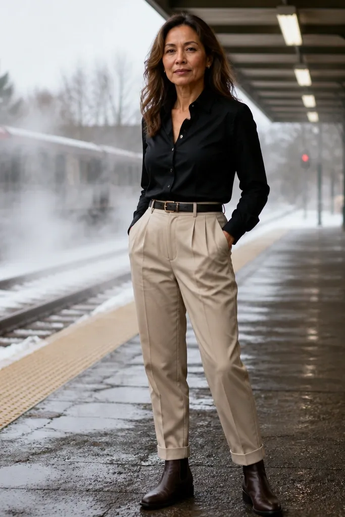 Beige tailored trousers with a black button-front shirt and brown Chelsea boots