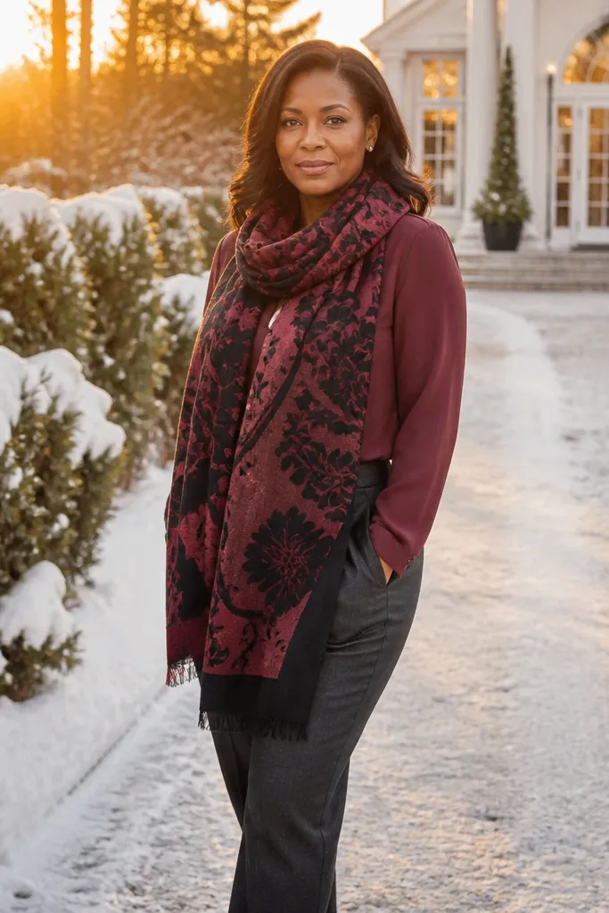 Charcoal slacks with a burgundy top and a patterned scarf with black boots
