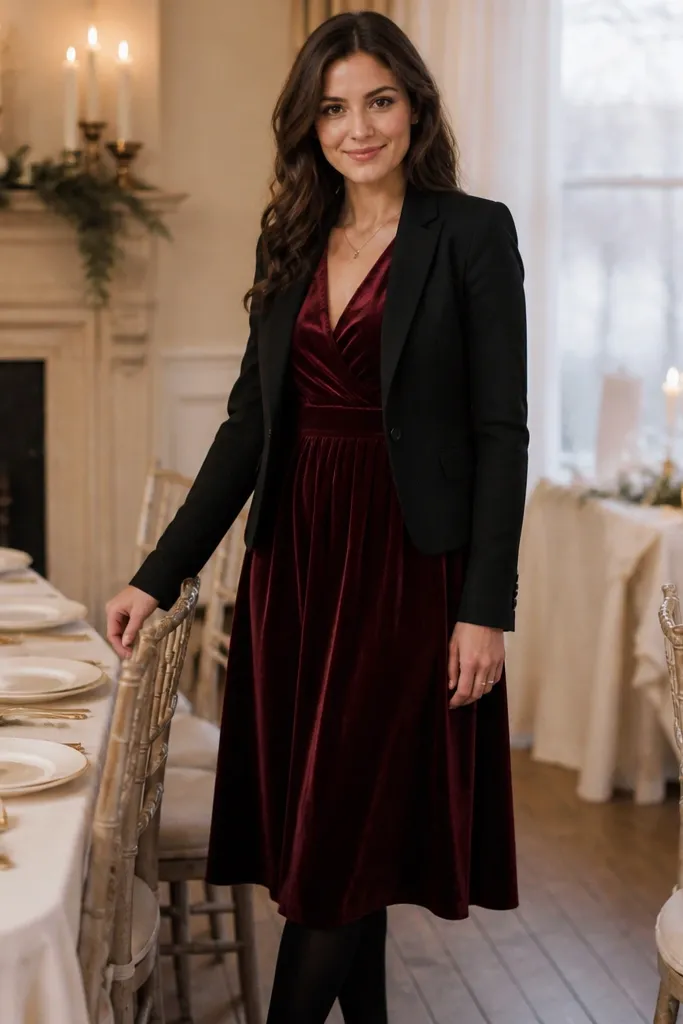 Wine velvet midi dress with black tights, cropped blazer, and heeled ankle boots
