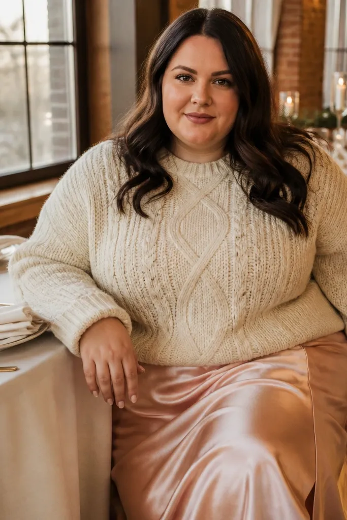 Cream cable sweater with a champagne satin slip skirt and tan knee-high boots