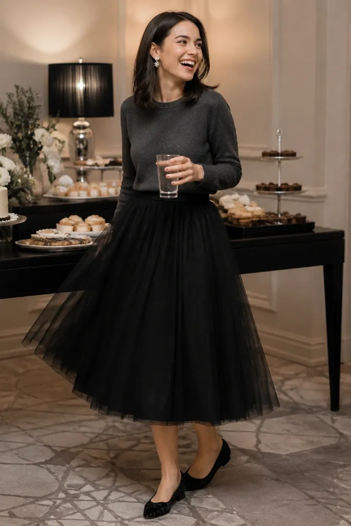 Black tulle midi skirt with black knit top and dark velvet flats