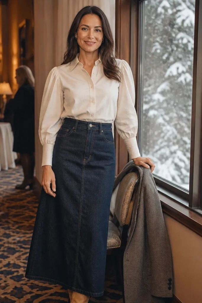 Cream puff-sleeve blouse with dark denim maxi skirt and brown Chelsea boots