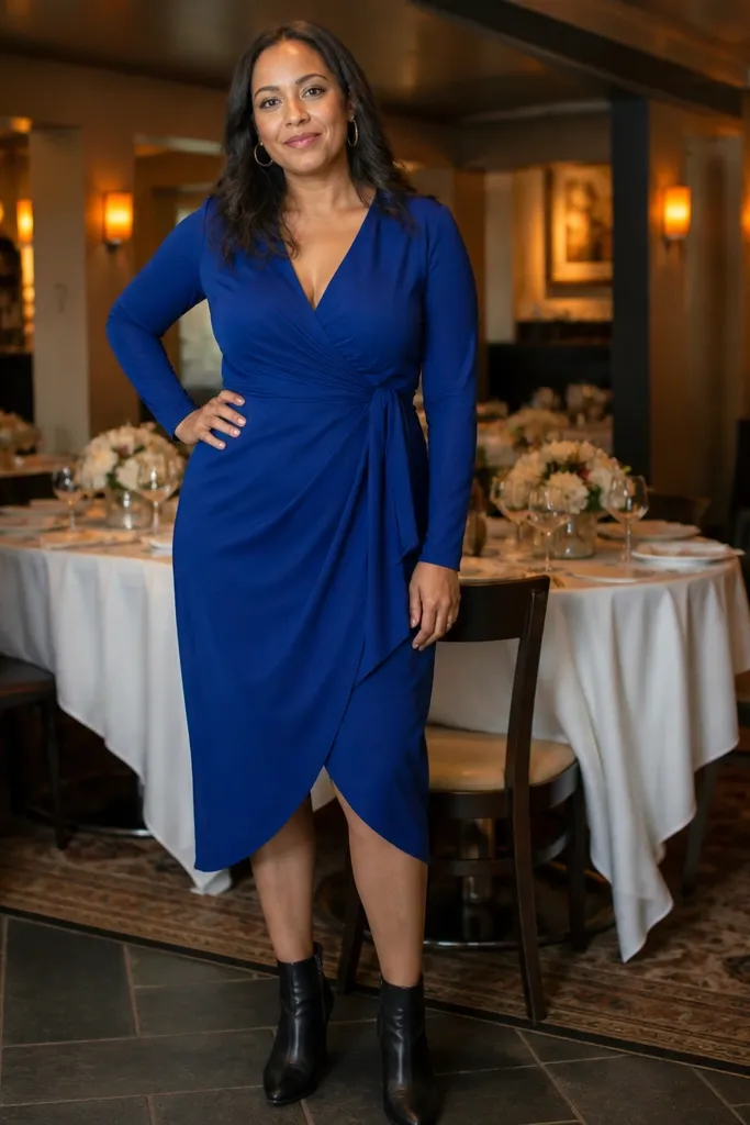 Cobalt long-sleeve wrap dress with black ankle boots and a small silver bag