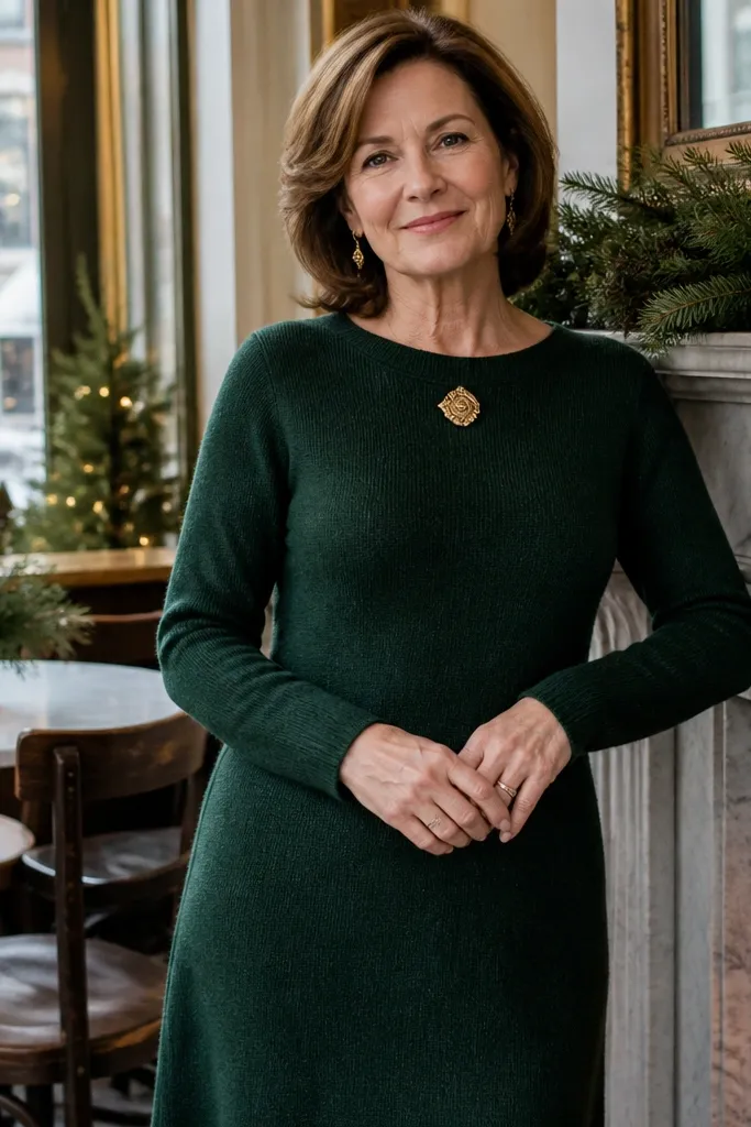Forest green knit dress with a small gold brooch and dark tights