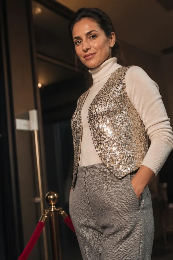 Champagne sequin vest over cream turtleneck with cream wool trousers