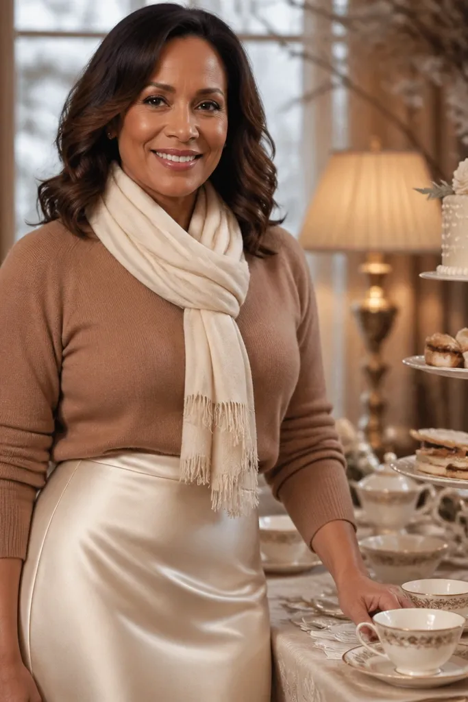 Ivory satin midi skirt with camel sweater and tan scarf