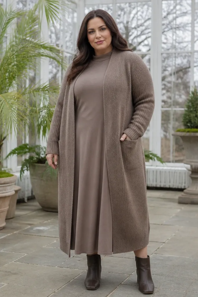 Mocha midi dress under a longline cardigan with brown belt and loafers
