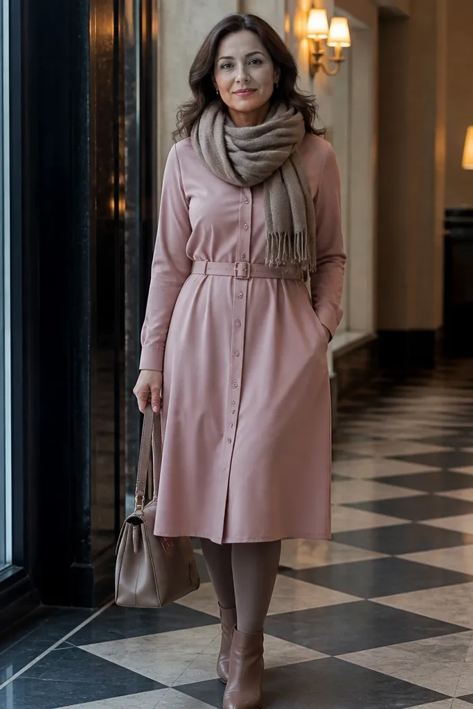 Blush rose shirt dress with belt, opaque tights, and nude ankle boots