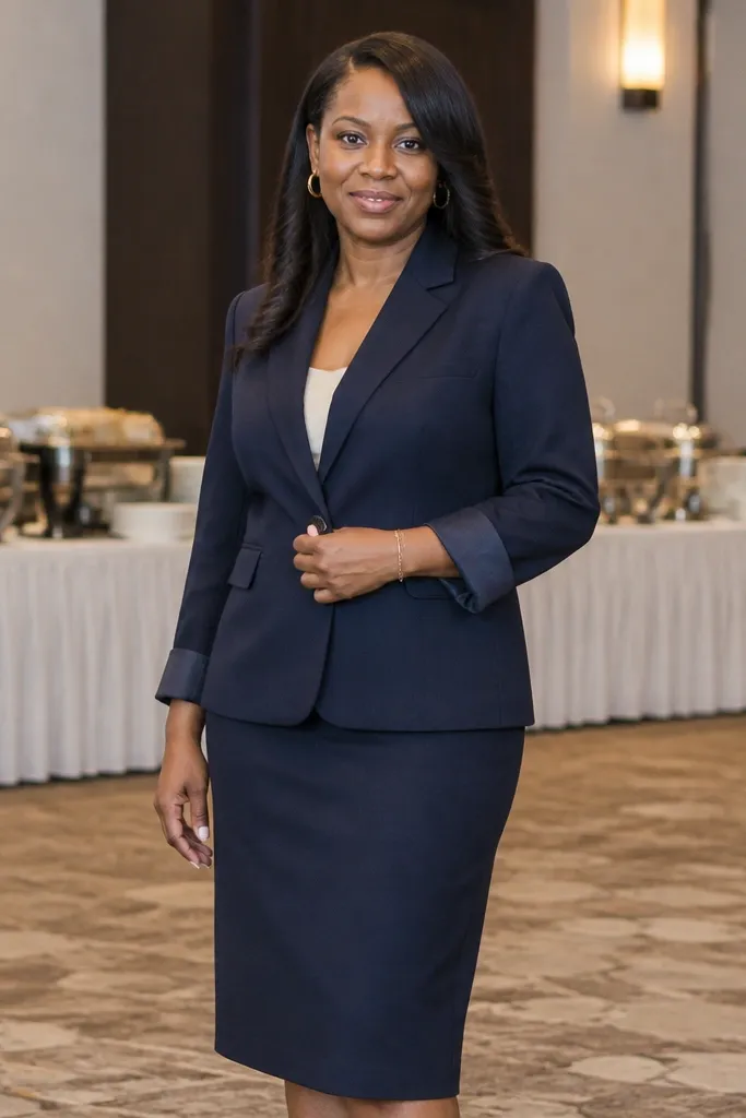 Monochrome navy suit jacket with matching midi skirt and black heels