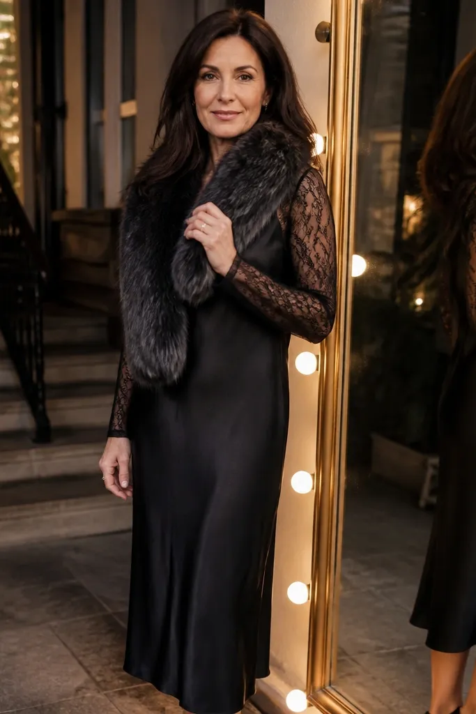 Black slip dress with lace sleeves and a faux-fur scarf with heeled ankle boots