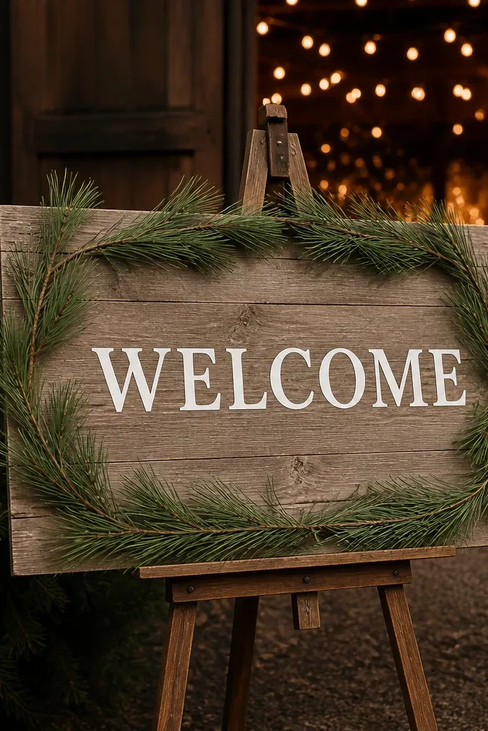 White painted wooden welcome sign with a small pine-branch border