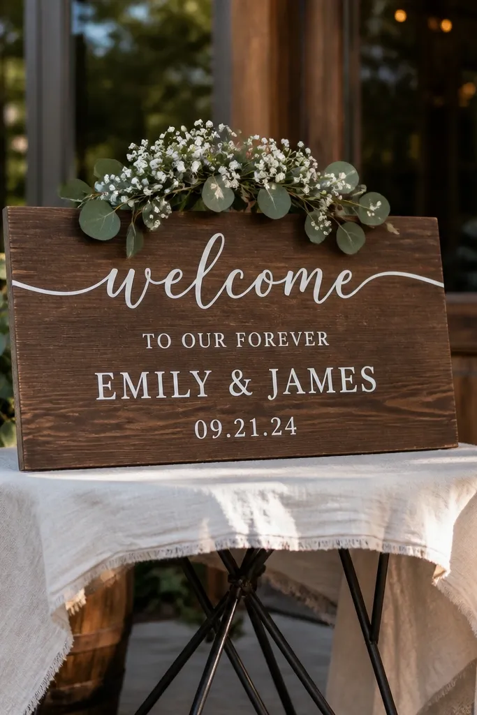 Dark stained wooden welcome sign with white vinyl text and a small wreath