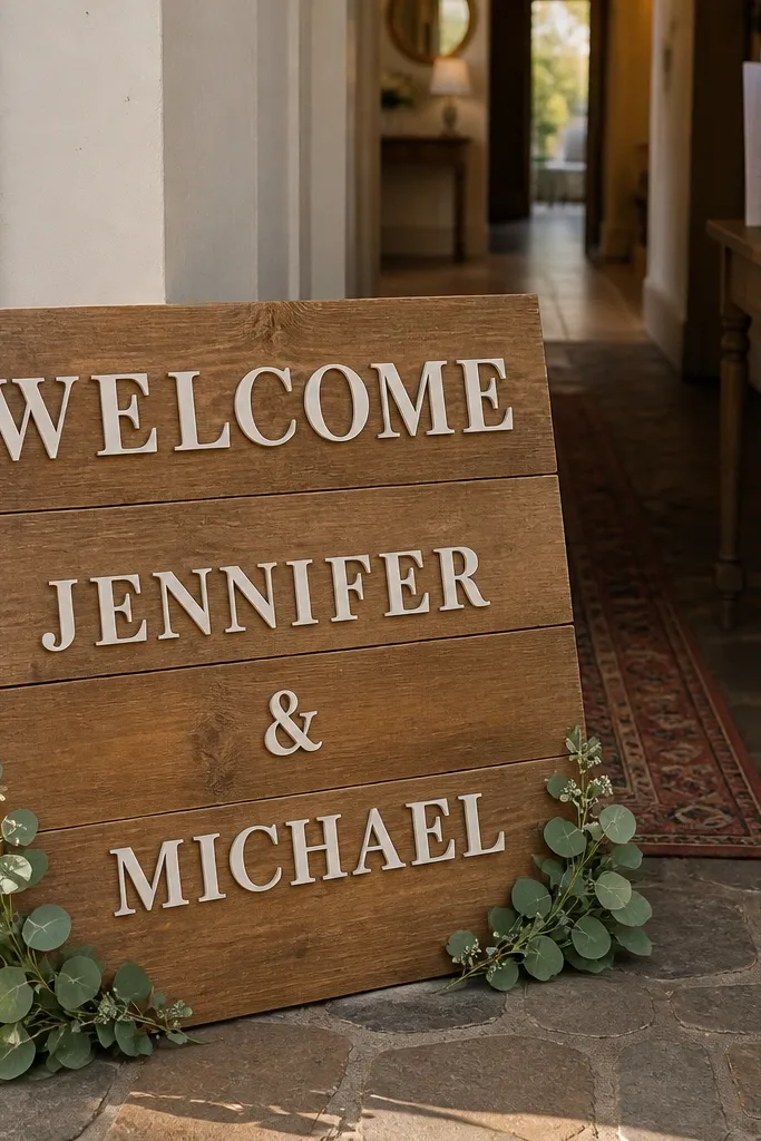 Multi-panel wooden welcome sign with stacked lines and simple greenery corners