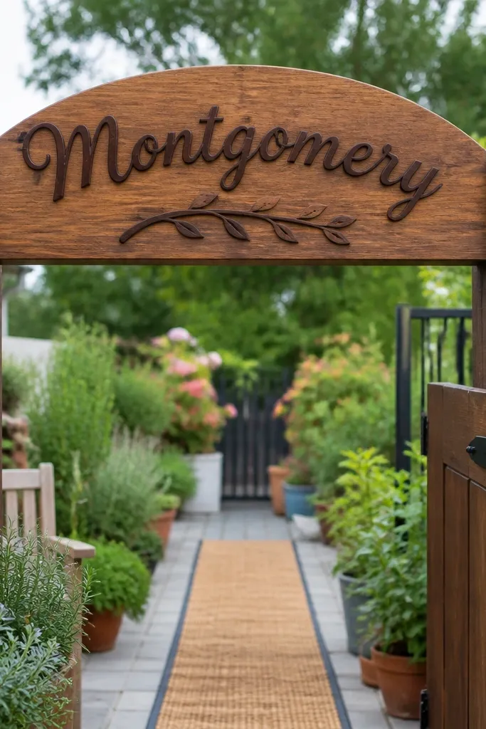 Wooden welcome sign with an arched top and scripted couple last name