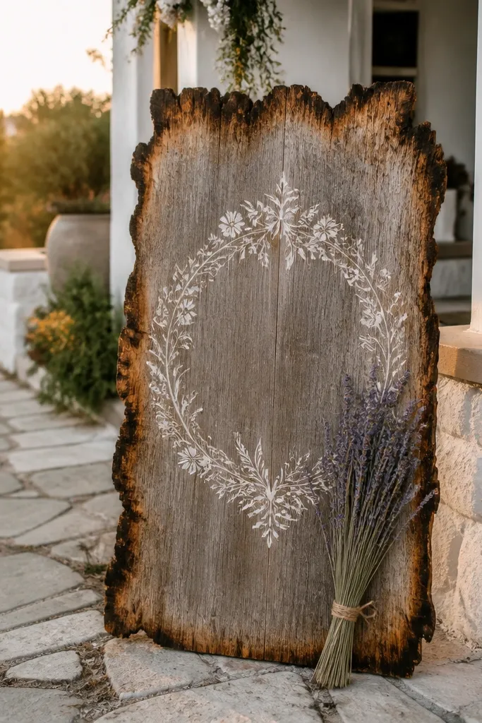 Wooden welcome sign with burnt edges, cream text, and small dried lavender sprigs