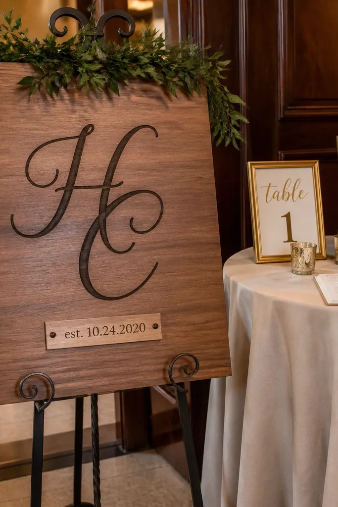 Wooden welcome sign with a monogram and a small est date plaque