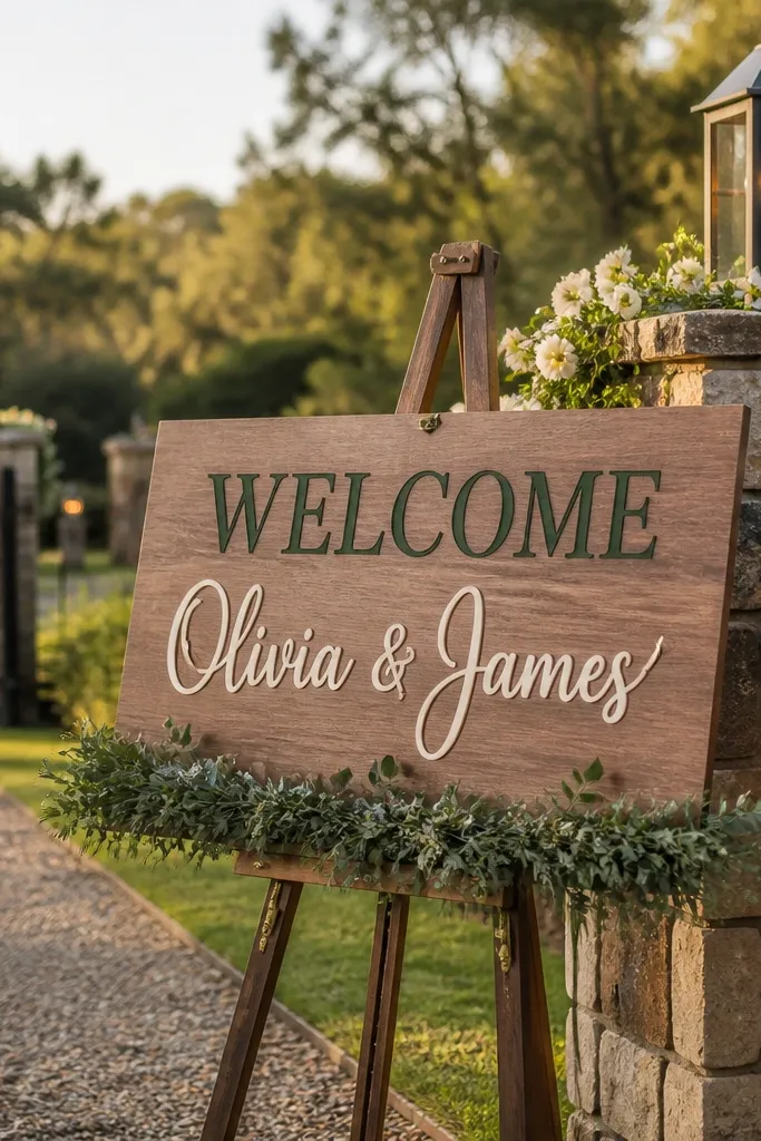 Wooden welcome sign with two-tone lettering and a small hinged greenery garland