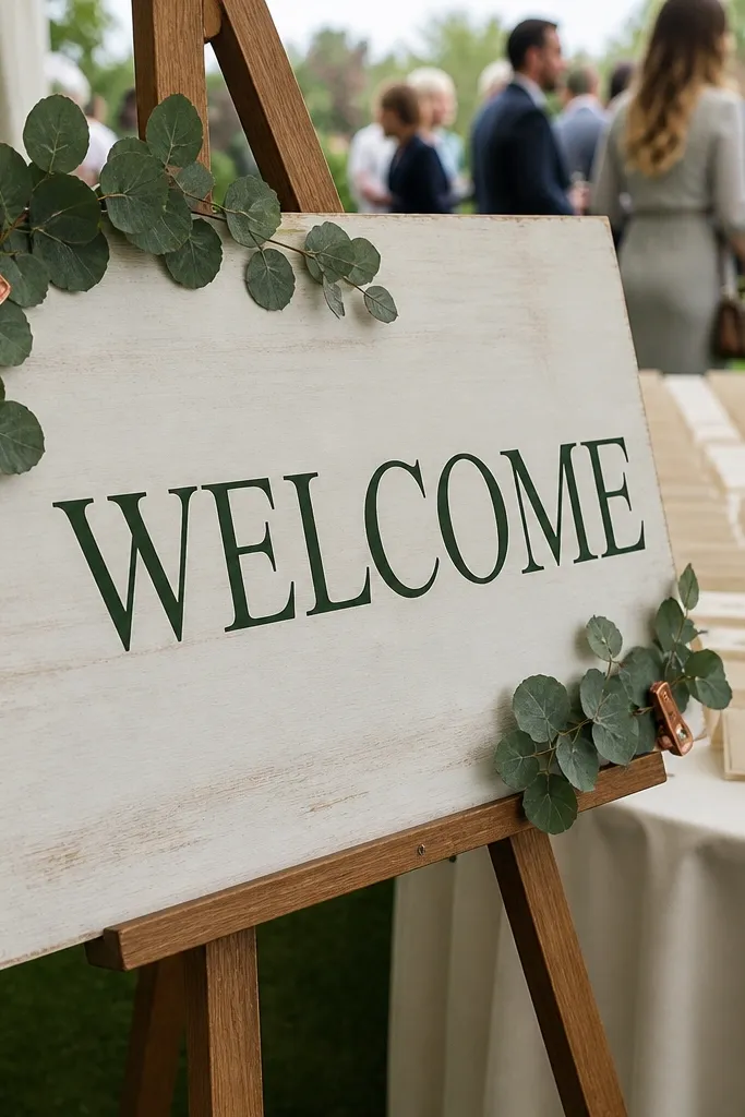 Whitewashed wooden welcome sign with dark green text and clipped eucalyptus sprigs