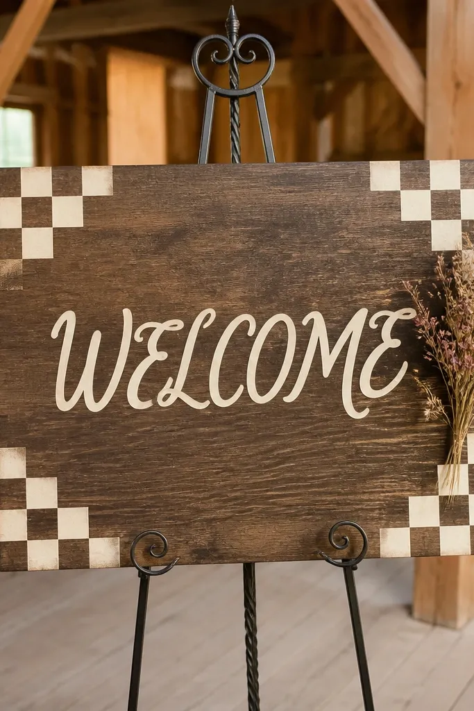 Wooden welcome sign with small checkerboard corner accents and script text