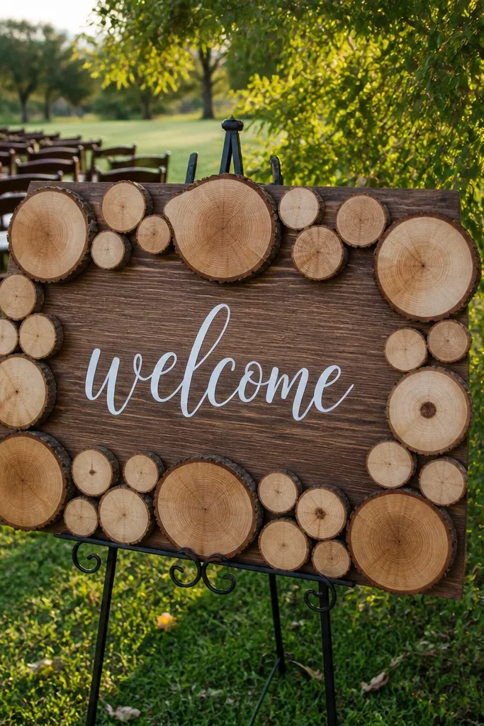 Wood slice border around a central wooden welcome sign with bold lettering