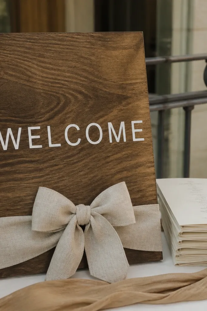 Olive stained wooden welcome sign with white block letters and a linen bow