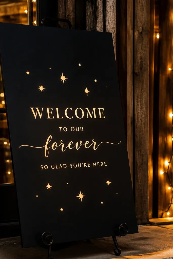 Matte black wooden welcome sign with cream letters and small star cutouts